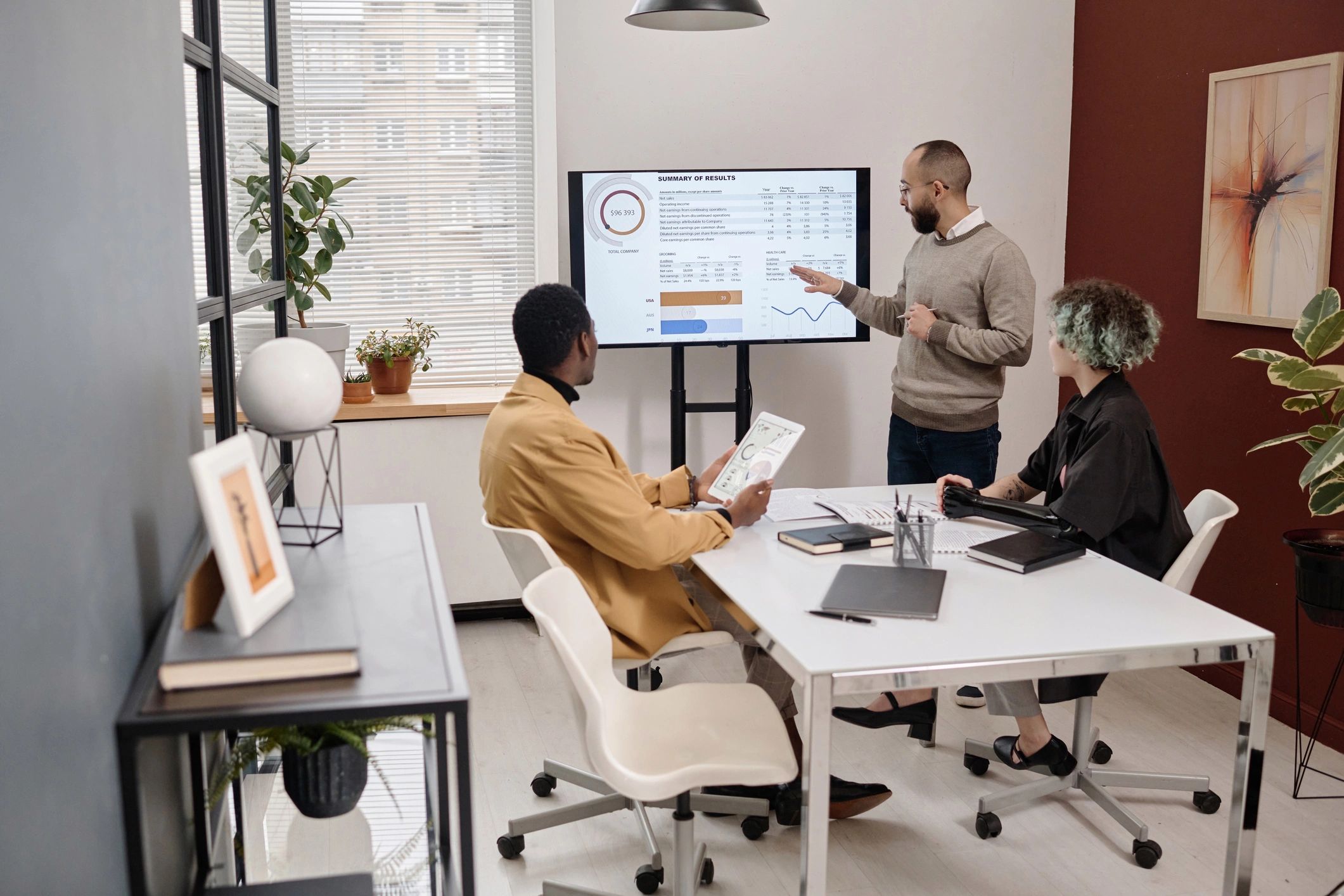 Team reviewing charts and growth strategy in a conference room